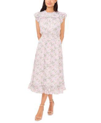 CeCe Womens Floral Flutter-Sleeve Smocked-Waist Midi Dress Product Image