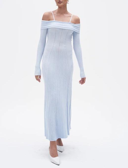 Long-Sleeve Cold Shoulder Plain Maxi A-Line Knit Dress Product Image