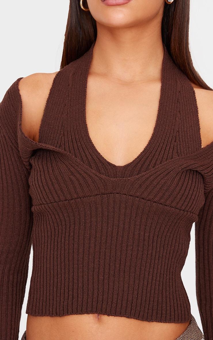 Chocolate Double Layer Rib Knit Long Sleeve Top Product Image