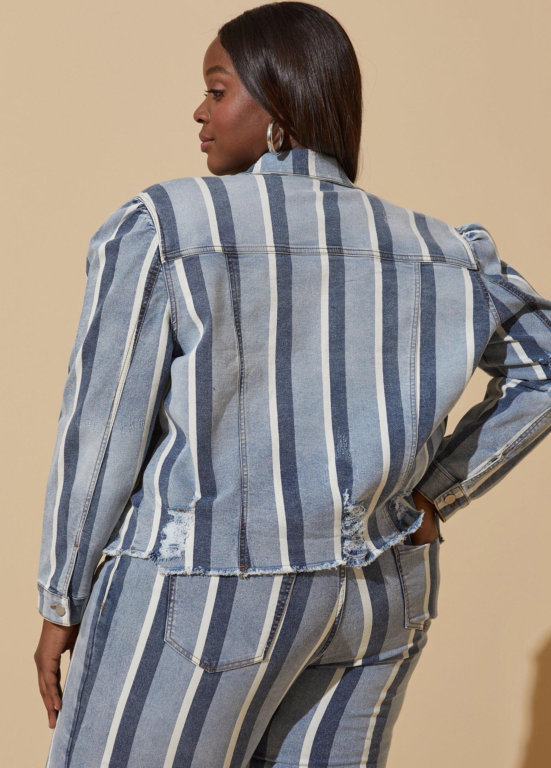 Distressed Striped Denim Jacket Product Image