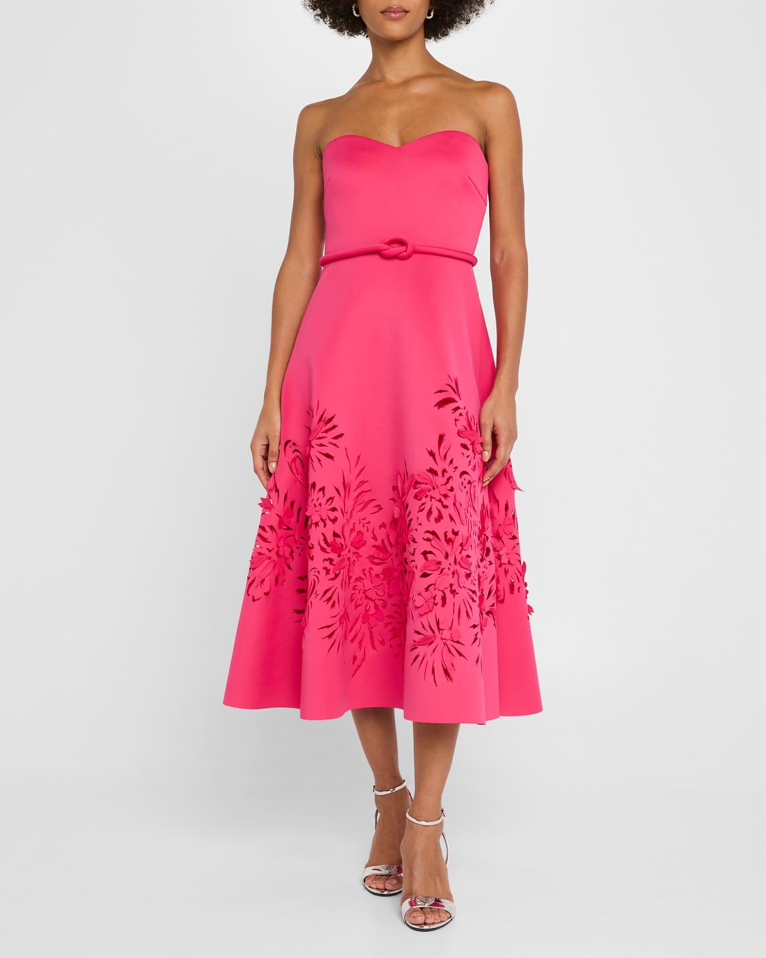 Strapless Laser-Cut Floral Scuba Midi Dress Product Image