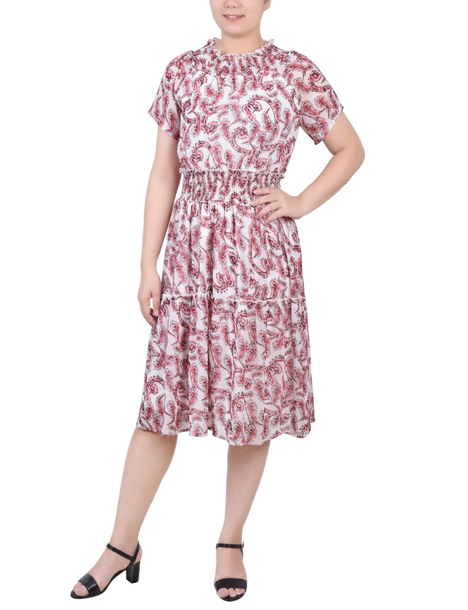 Burgundy Paisley Floral Short Sleeve Smocked Waist Dress - Petite Product Image