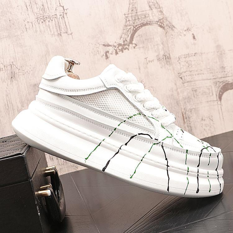 Hidden Wedge Mesh Panel Lace-Up Faux Leather Sneakers Product Image