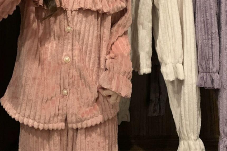 Pajama Set: Lace Trim Ruffled Coral Fleece Button-Up Shirt + Pants Product Image
