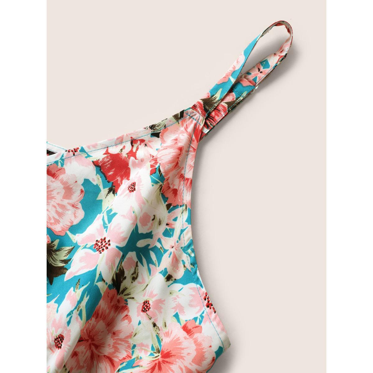Plus Size Floral Print Wrap Belted Cami Dress Cerulean Women Elegant Overlapping Non Sleeveless Curvy Midi Dress BloomChic 30/6X Product Image