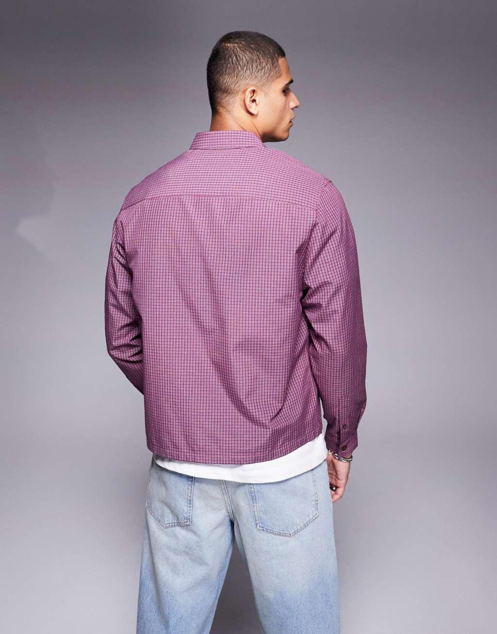ASOS DESIGN boxy plaid shirt in burgundy Product Image