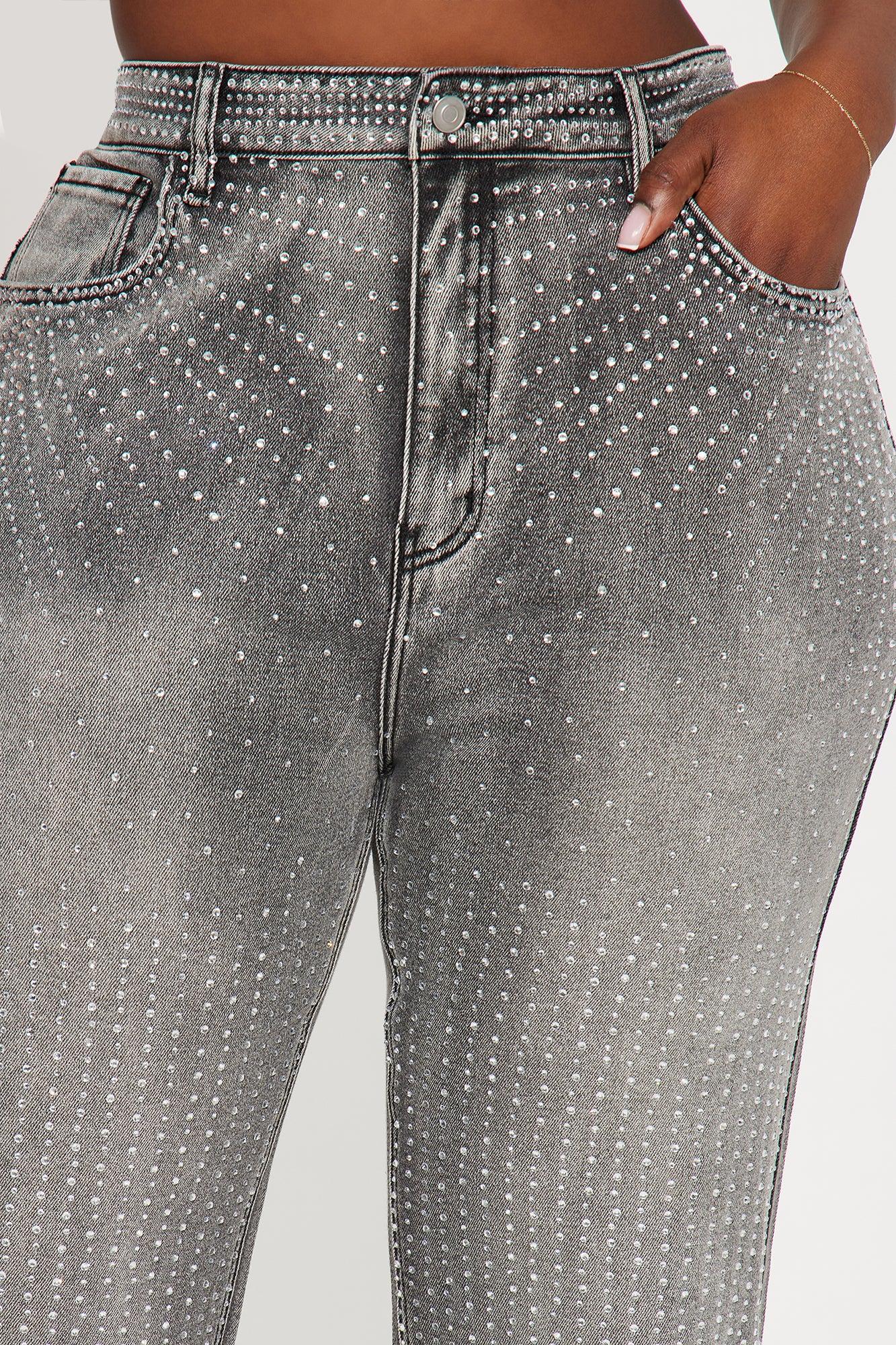 Chasing A Dream Embellished Stretch Straight Leg Jeans - Grey Product Image