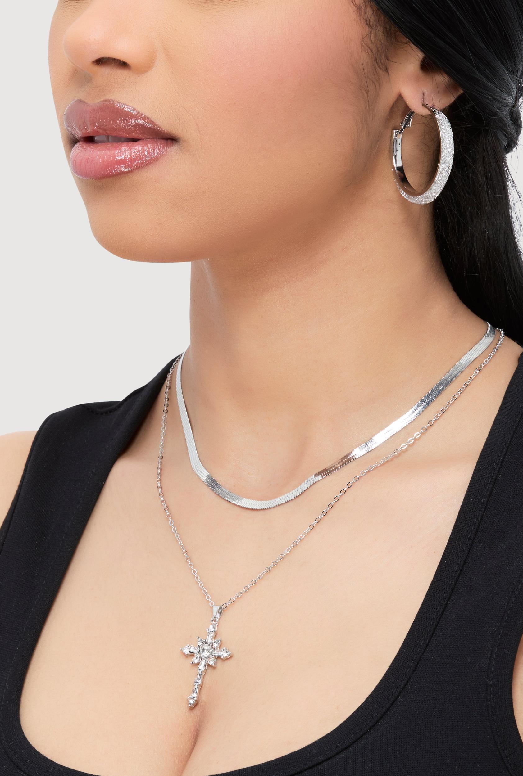 Cubic Zirconia Cross Charm Layered Necklace with Hoop Earrings Female Product Image