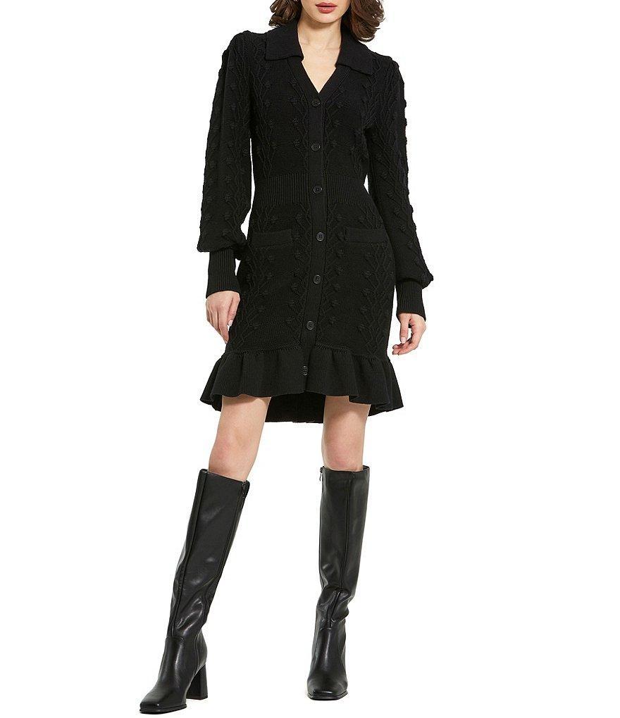Mac Duggal Cotton Blend Split V-Neck Point Collar Button Front Sheath Dress Product Image