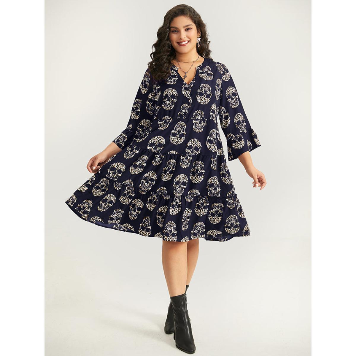Plus Size Halloween Skull Print Notched Flutter Dress Black Women Office Gathered Notched collar Elbow-length sleeve Curvy Midi Dress BloomChic 22-24/3X Product Image