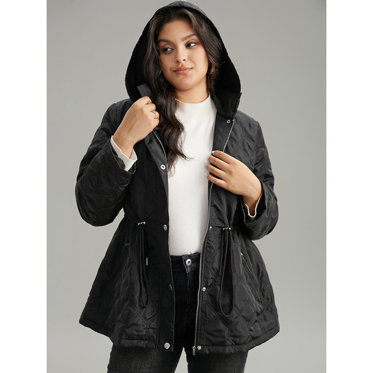 Plus Size Plain Button Up Drawstring Hooded Coat Women Black Casual Plain Ladies Dailywear Winter Coats BloomChic 12/L Product Image