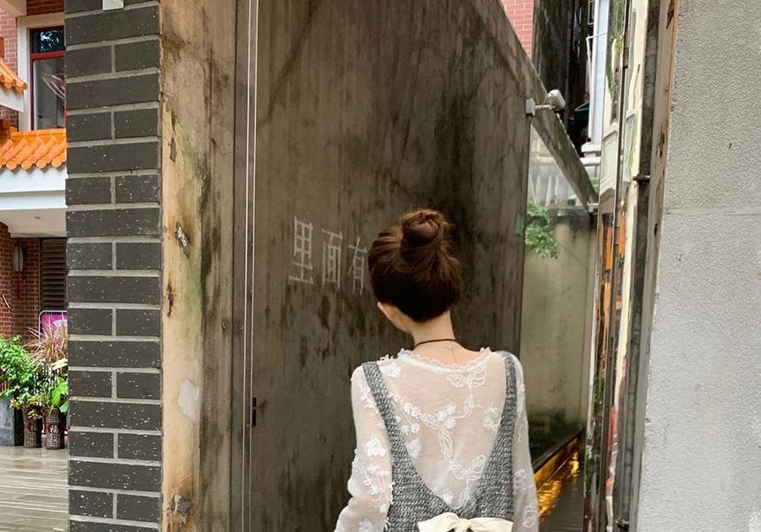 Long-Sleeve V-Neck Sheer Lace Top / Sleeveless Scoop Neck Bow Embroidered Slit Maxi Jumper Dress Product Image