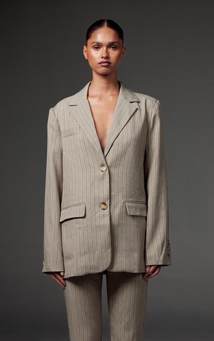 Grey Tailored Woven Pinstripe Oversized Blazer Product Image