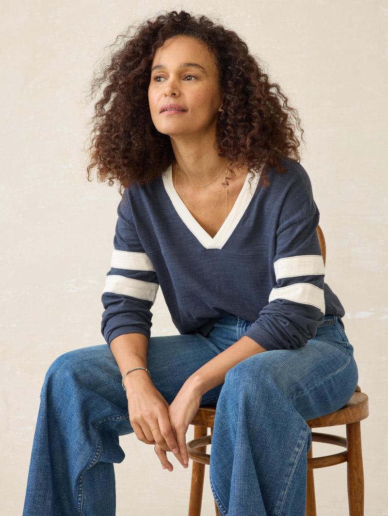 Sunwashed Slub Varsity V-Neck - Blue Nights Product Image