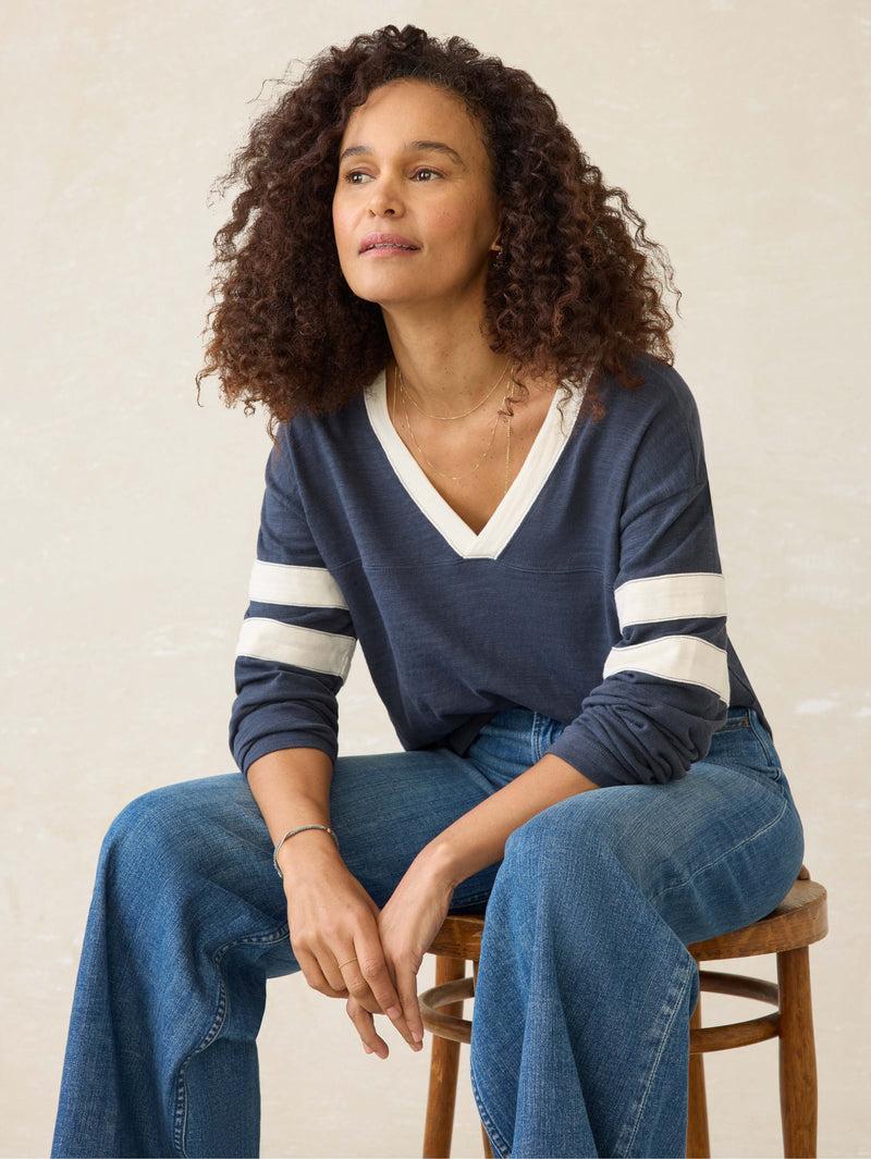 Sunwashed Slub Varsity V-Neck - Blue Nights Product Image