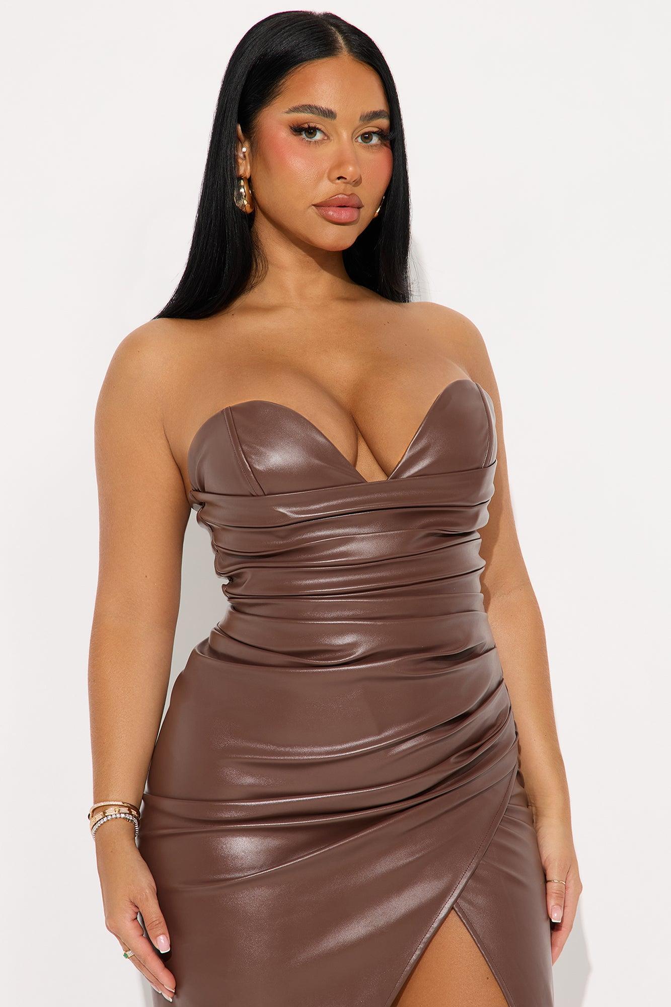 Corrine Ruched Faux Leather Midi Dress - Brown Product Image