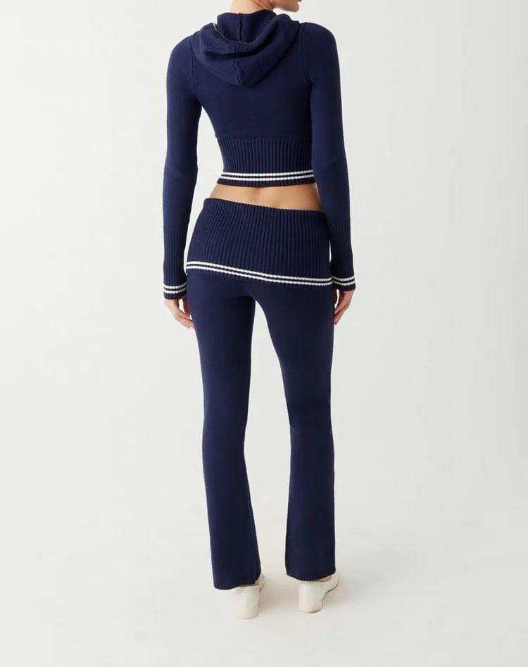 Hooded Contrast Trim Zip Cardigan / Mid Rise Plain Flared Pants Product Image