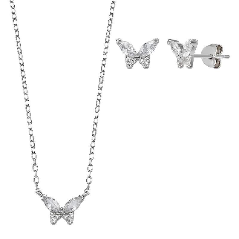PRIMROSE Sterling Silver Cubic Zirconia Butterfly Stud Earrings & Pendant Necklace Set, Women's, Size: 18" Product Image