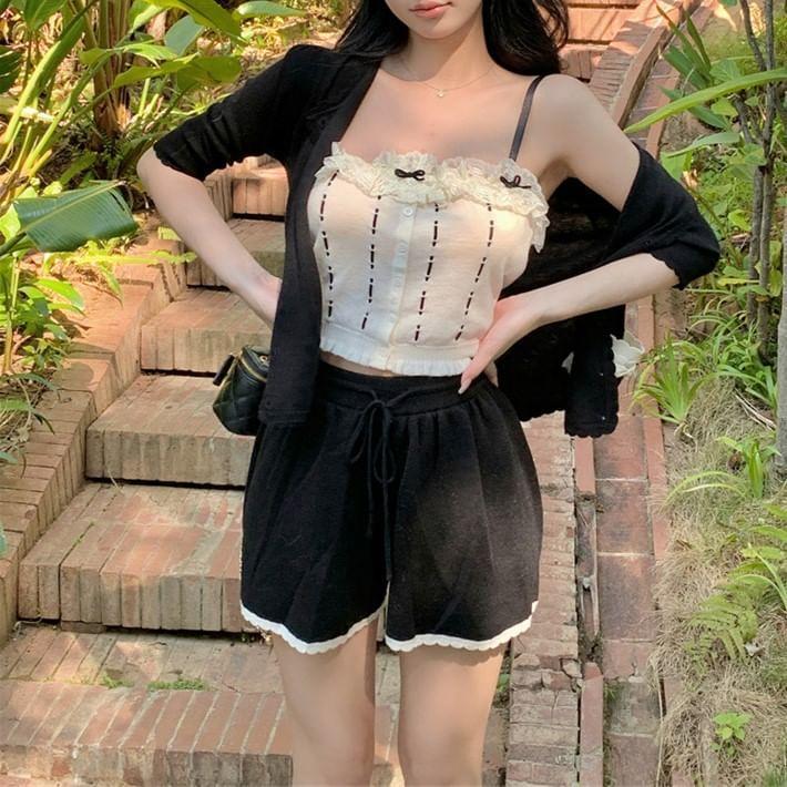 Set: Bow Ruffle Camisole Top / Plain Button-Up Top / Drawstring Waist Contrast Trim Shorts Product Image