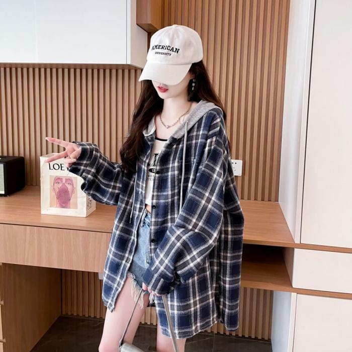 Plaid Drawstring Hooded Pocket Detail Button Jacket Product Image