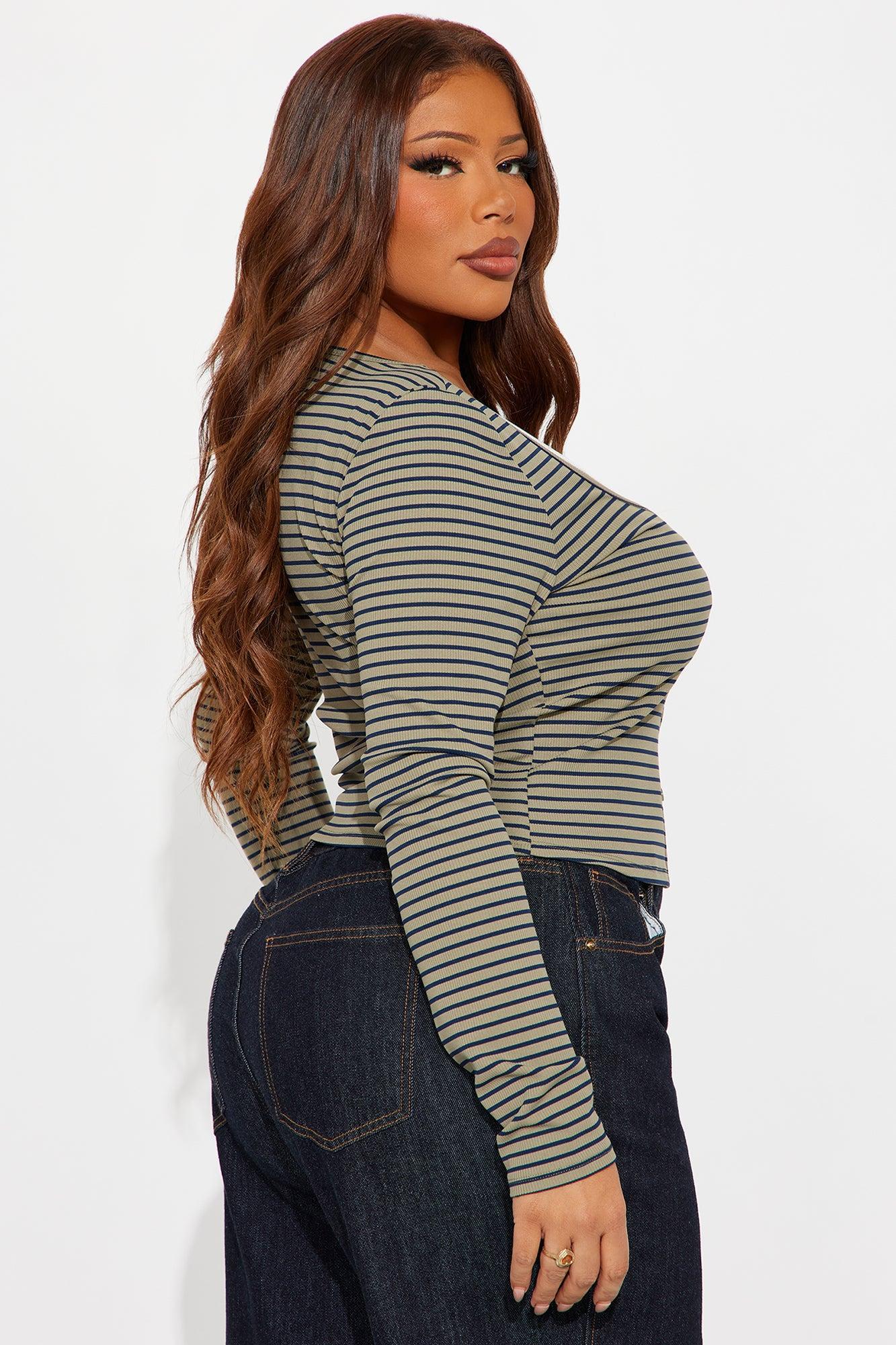 Channa Striped Ribbed Long Sleeve Top - Olive/combo Product Image