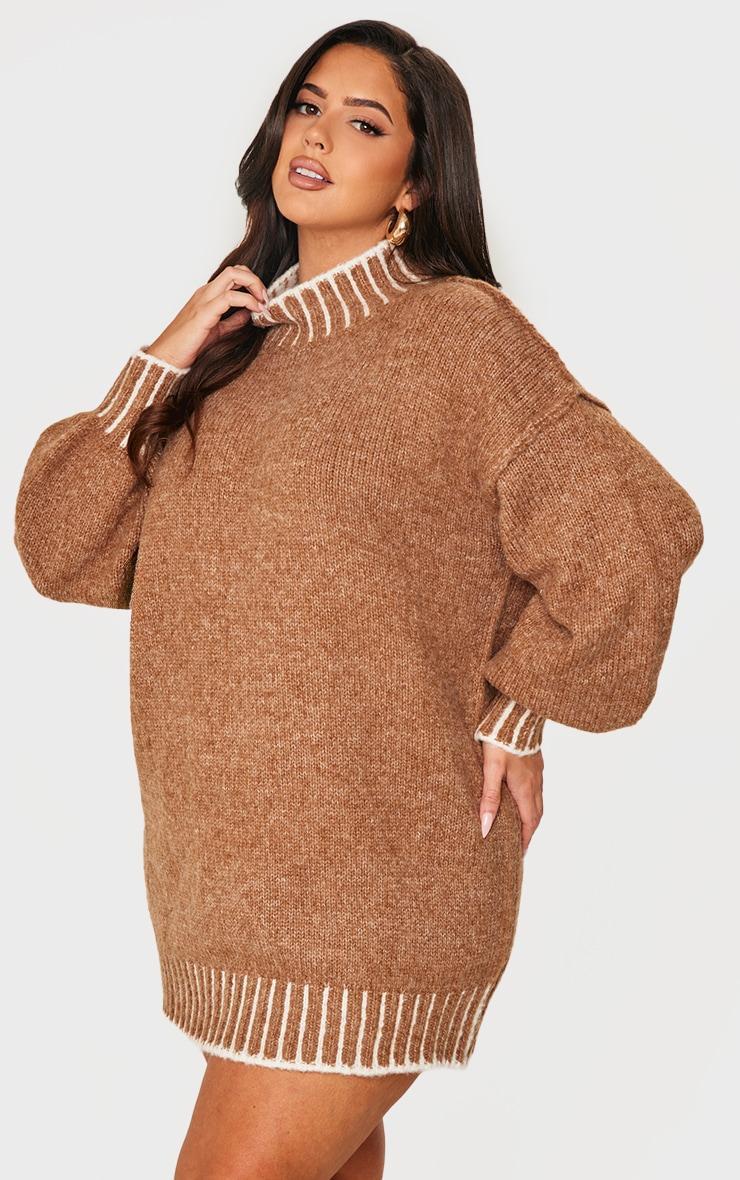 Plus Mocha Contrast Stitch Knitted High Neck Oversized Sweater Dress Product Image