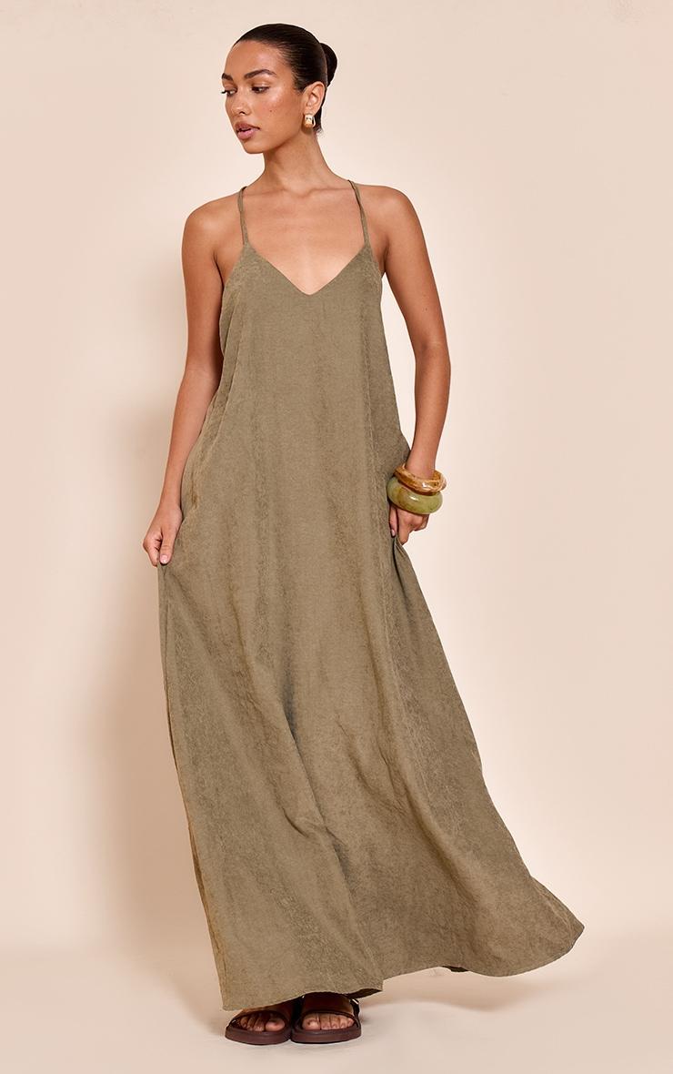 Khaki Textured Plunge Maxi Dress Product Image