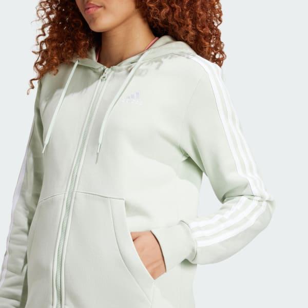 adidas Essentials 3-Stripes Full-Zip Fleece Hoodie Linen Green S Womens Product Image
