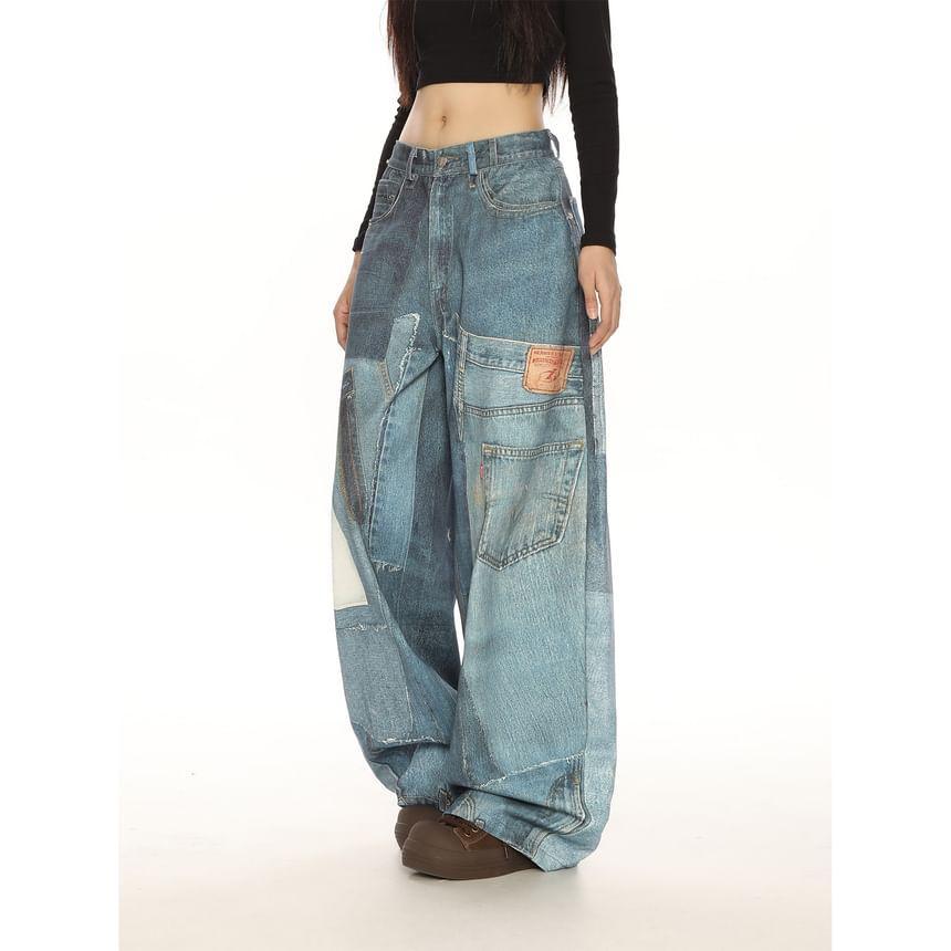 Mid Rise Patchwork Washed Wide Leg Jeans Product Image