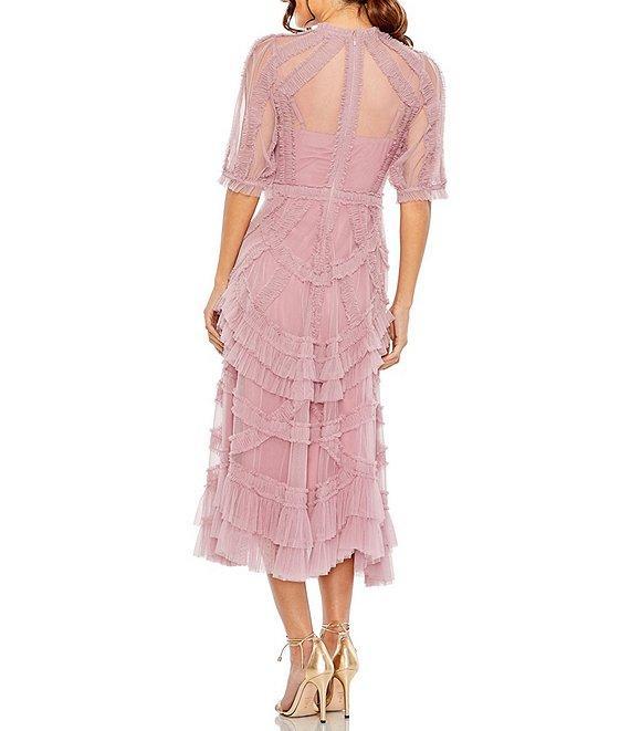 Mac Duggal Mock Neck Short Sleeve Tiered Ruffled Pleated Embellished A-Line Midi Dress Product Image