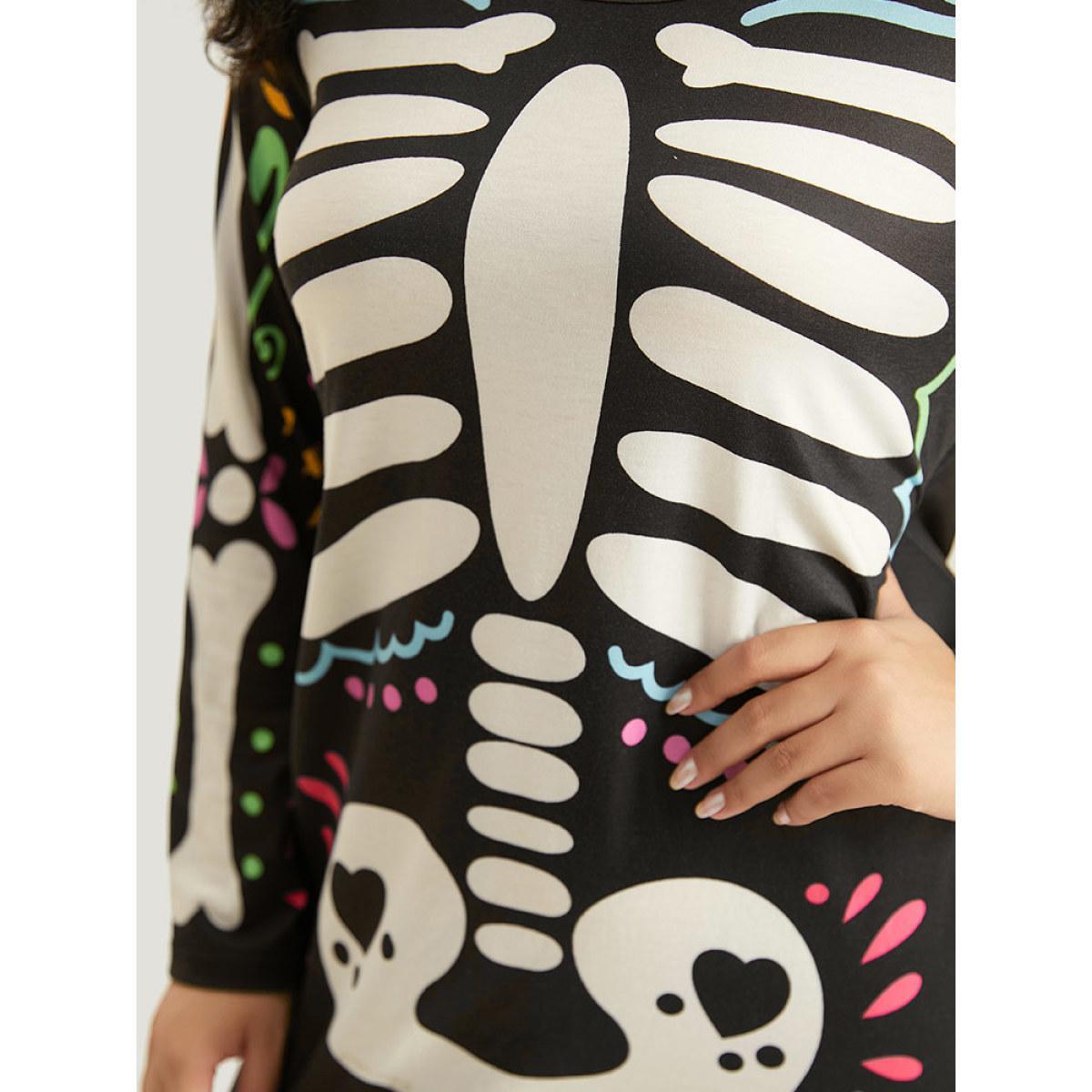 Plus Size Halloween Skull Print Round Neck Split Hem Dress Black Women Casual Printed Round Neck Long Sleeve Curvy Midi Dress BloomChic 30/6X Product Image