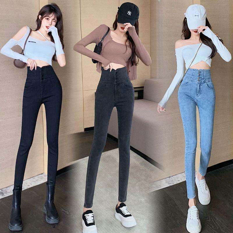 High Waist Washed Skinny Jeans Product Image