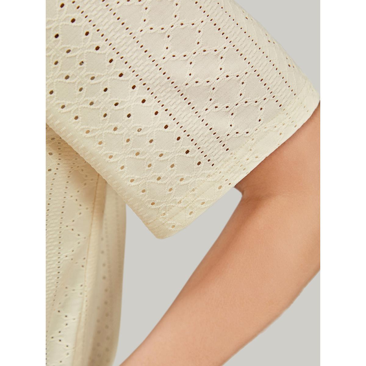 Plus Size Solid Half Zipper Broderie Anglaise T-shirt Ivory Women Elegant Zipper Plain V-neck Dailywear T-shirts BloomChic 10/M Product Image