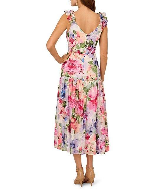 Adrianna Papell Chiffon Floral Print V Neck Sleeveless A-Line Midi Dress Product Image