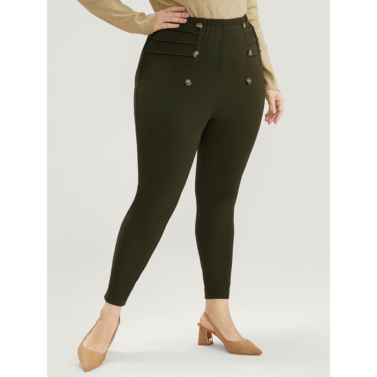 Plus Size Solid Elastic Waist Button Detail Skinny Leggings Women ArmyGreen Elegant Low stretch Skinny Mid Rise Dailywear Leggings BloomChic 14-16/1X Product Image