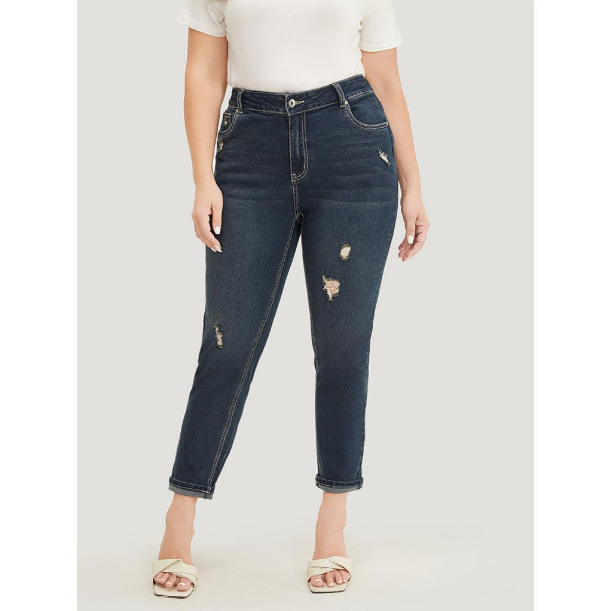 Plus Size Very Stretchy High Rise Dark Wash Distressed Stitch Jeans Women Midnight Casual Plain Roll Hem High stretch Jeans BloomChic 22/3X Product Image