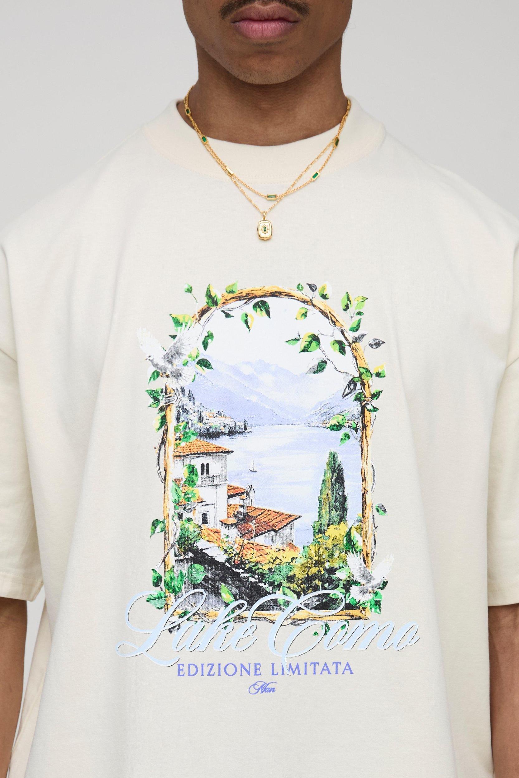 Ecru Oversized Extended Neck Lake Como Window Printed T-Shirt | boohooMAN USA Product Image