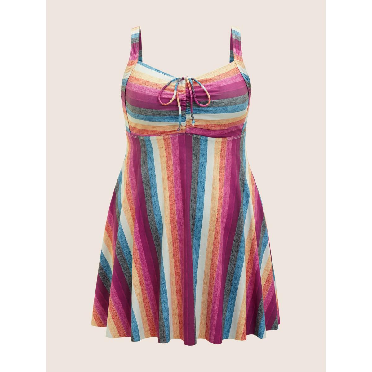 Plus Size Contrast Striped Tie Knot Swim Dress Women's Swimwear Multicolor Bodycon Non High stretch Curve Swim Dresses BloomChic 18-20/2X Product Image