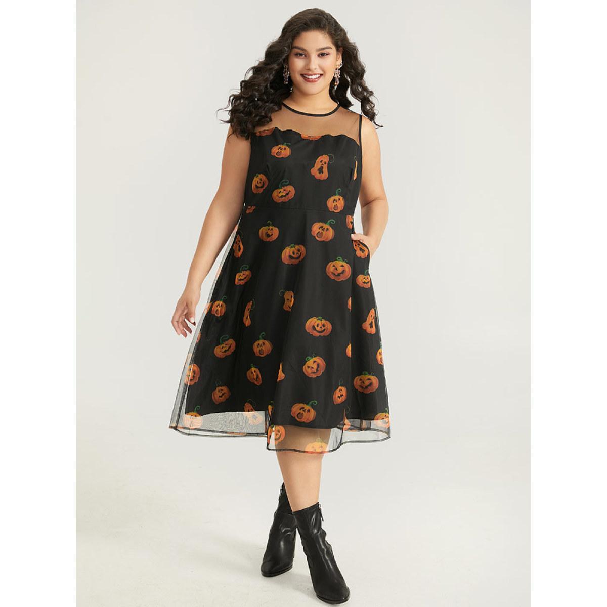 Plus Size Halloween Pumpkin Print Mesh Patchwork Tank Dress BlackFlower Women Elegant See through Round Neck Sleeveless Curvy Midi Dress BloomChic 30/6X Product Image