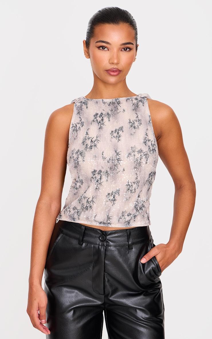 Grey Textured Glitter Cowl Back Long Top Product Image