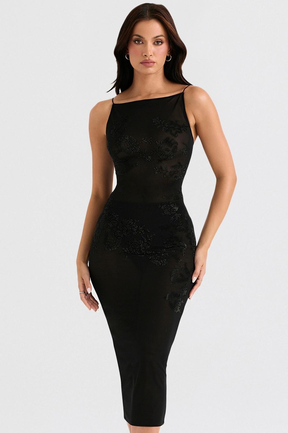 Amirah Black Mesh Crystal Embellished Midi Dress Product Image