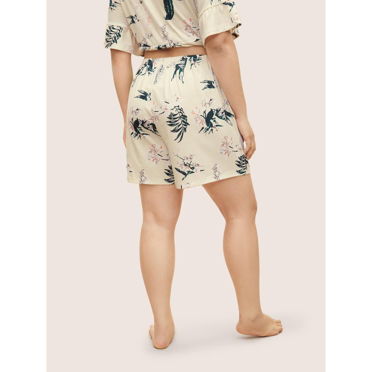 Plus Size Plants Print Knot Ties Gathered Pajama Sets Women Yellow Plants Non Half Sleeve Round Neck Lounge Loungewear Sets BloomChic 26/4X Product Image