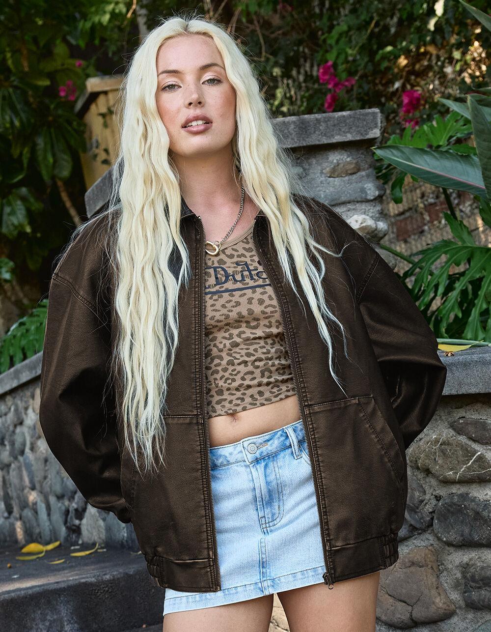RSQ Womens Oversized Faux Leather Bomber Jacket - BROWN Product Image