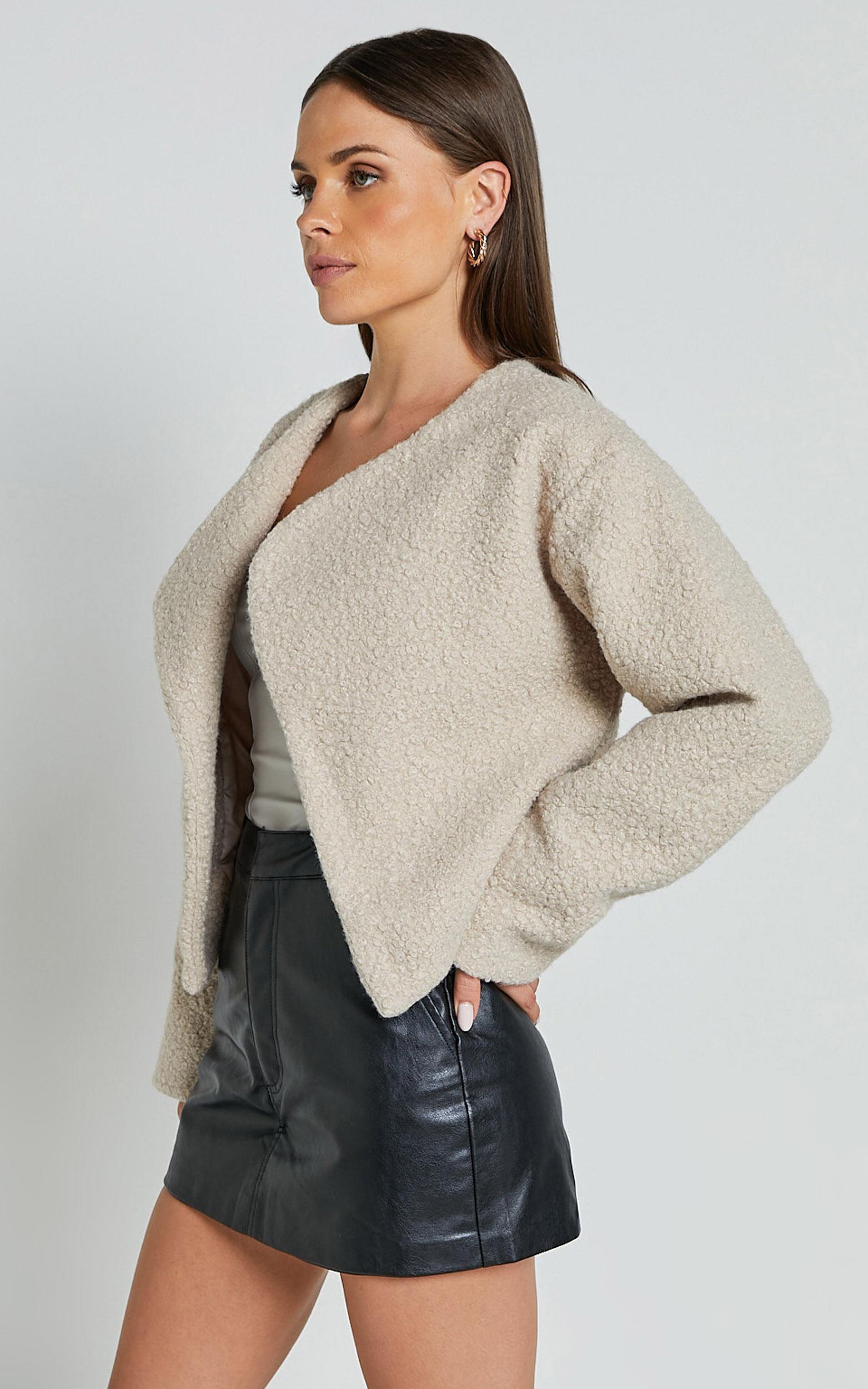 Mayvie Jacket - Collarless Long Sleeve Wool Look Jacket in Beige Product Image