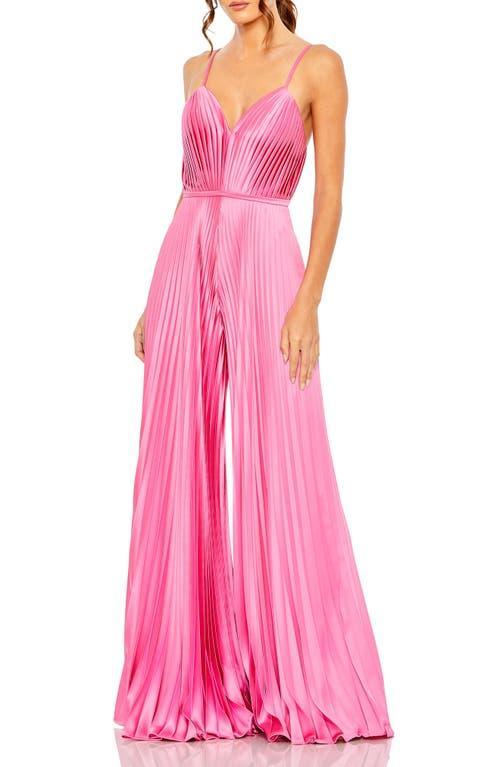 Mac Duggal Pleated Deep V-Neck Spaghetti Strap Sleeveless Wide Leg Jumpsuit Product Image
