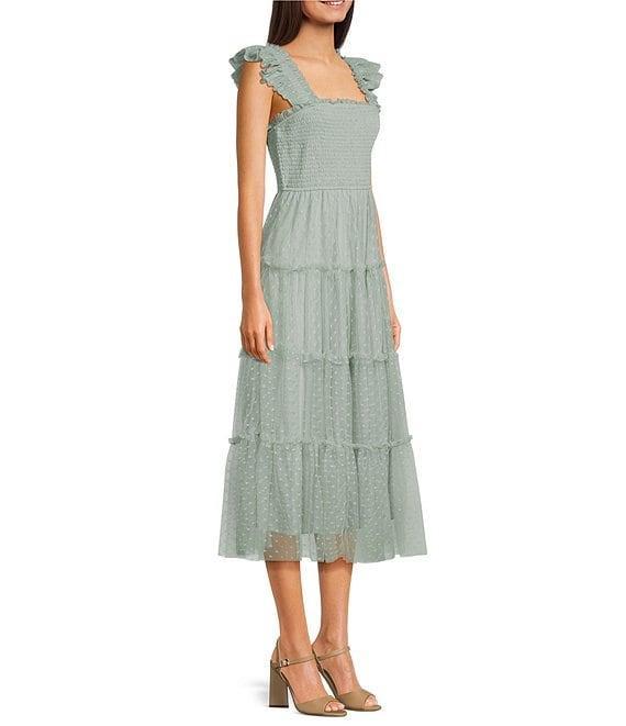 Blu Pepper Lace Polka Dot Square Neck Sleeveless Tiered Midi Dress Product Image