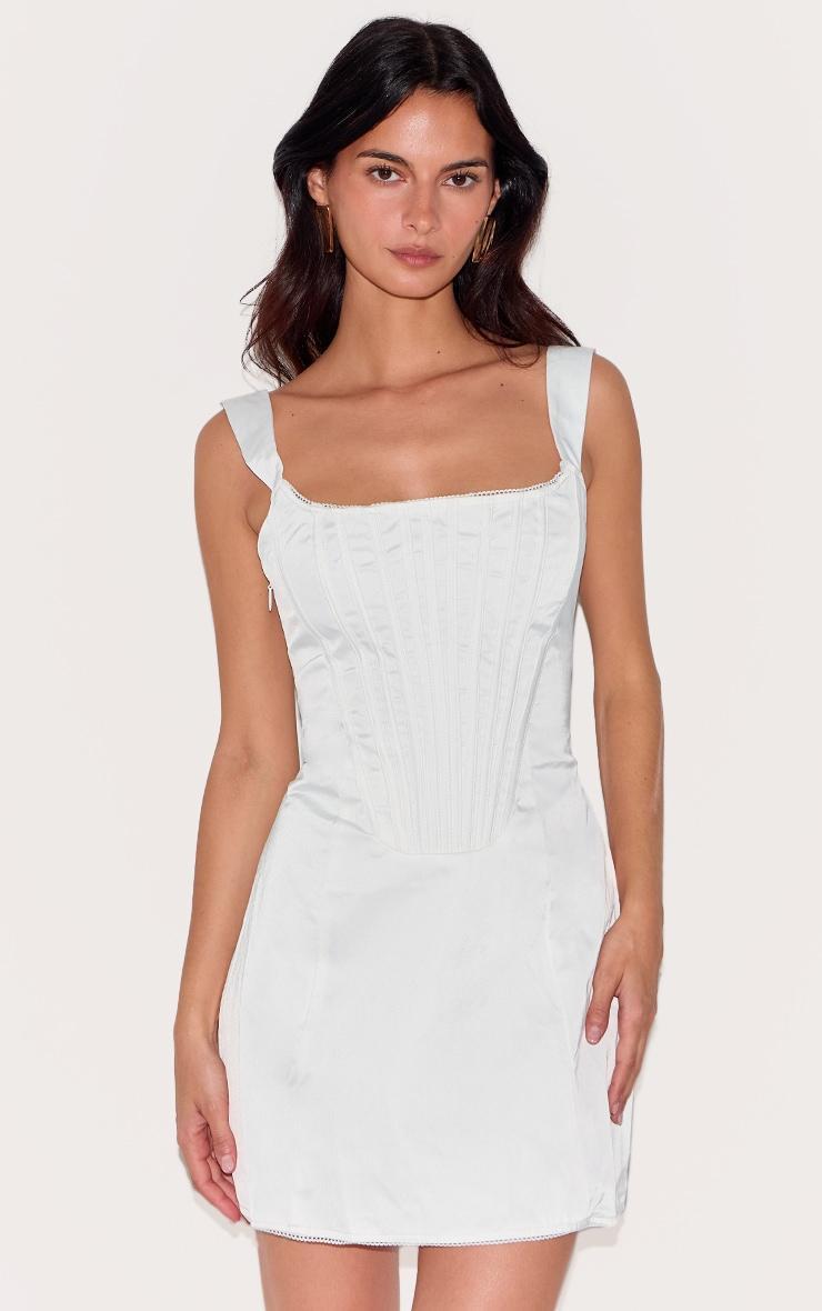 Premium White Woven Square Neck Lace Back Corset Dress Product Image