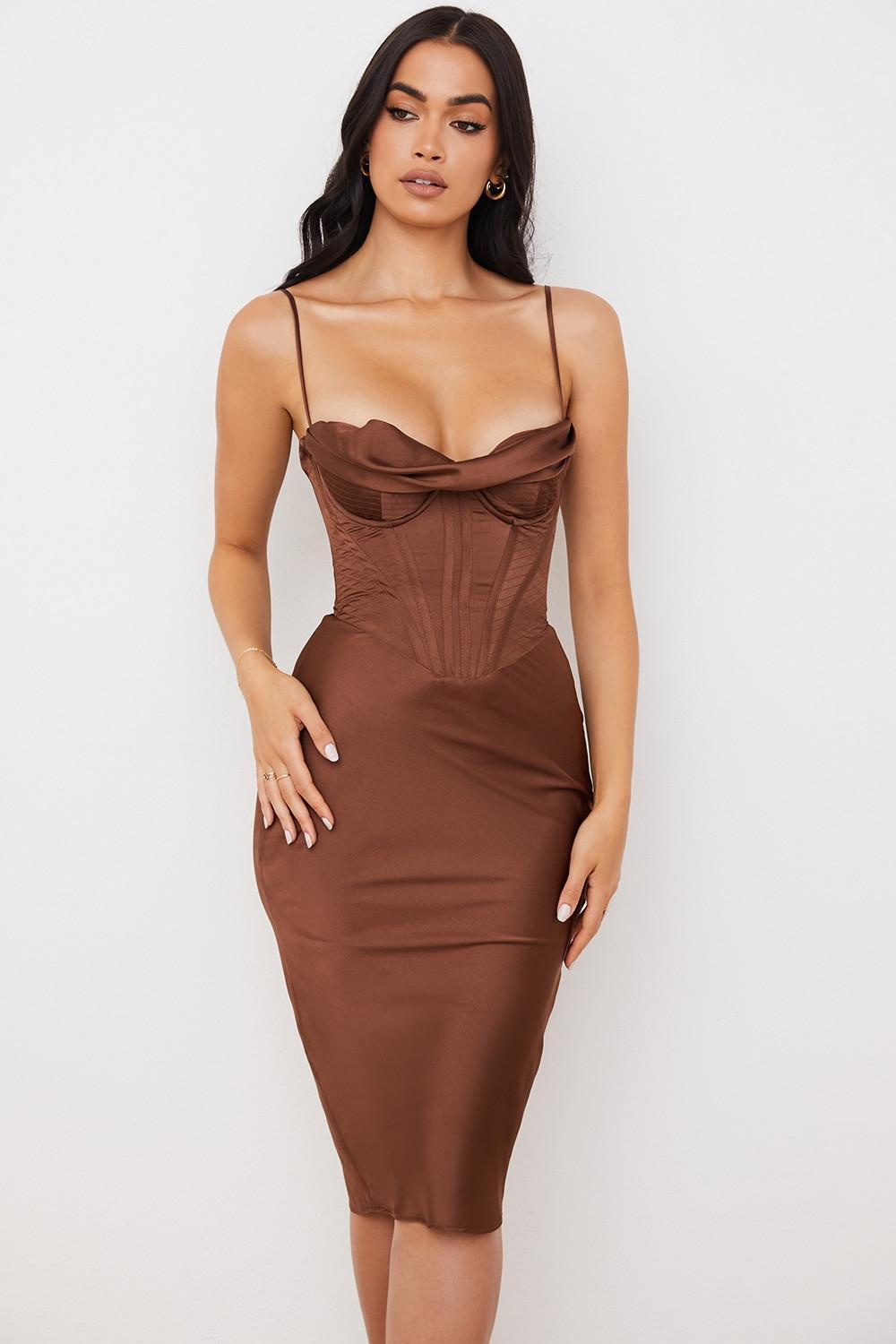 Myrna  chocolate satin corset slip dress - sale Product Image