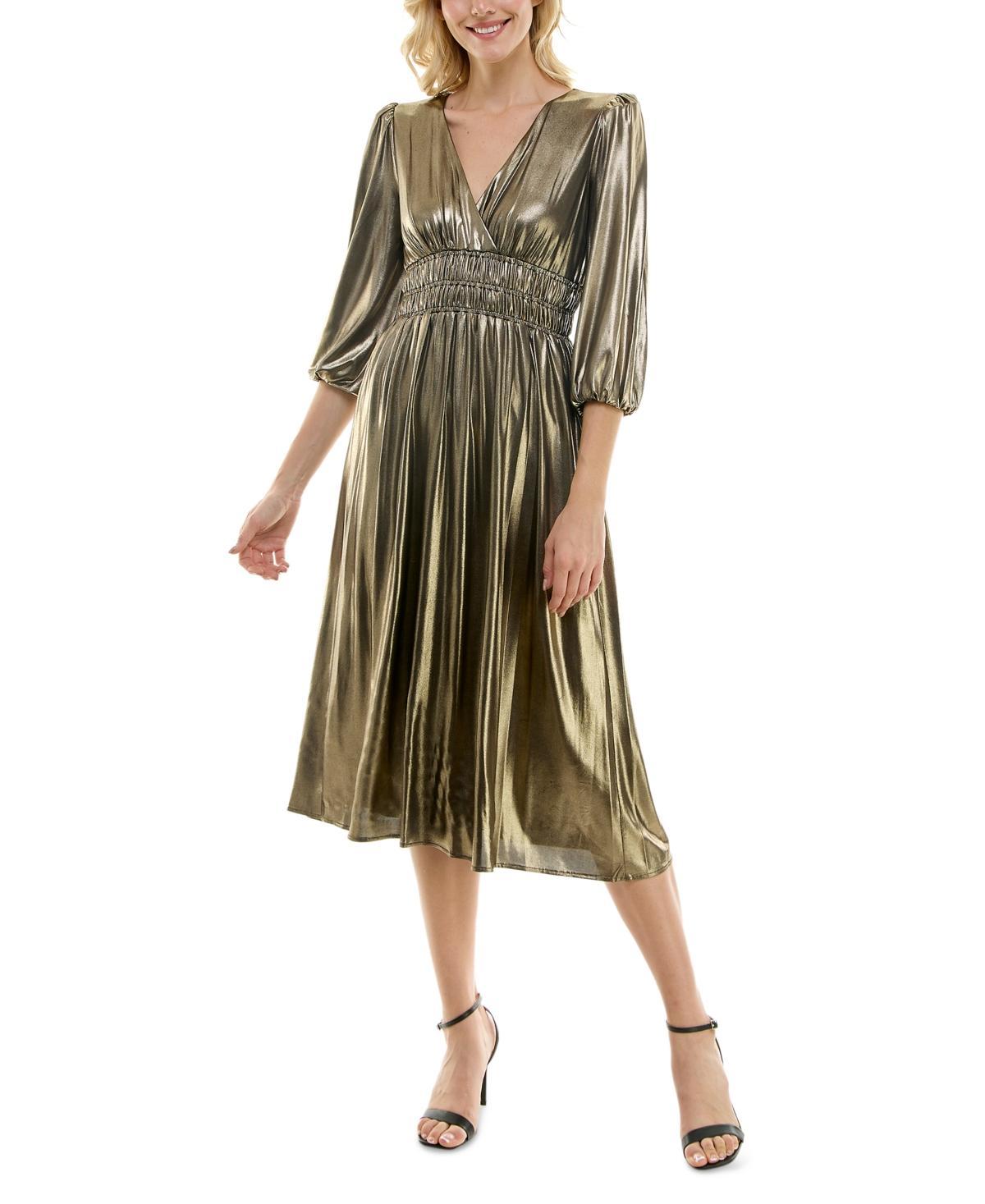 Women's Maison Tara Gold Knit V-Neck Fit & Flare Midi Dress, Size: 12, Antique Gold Product Image