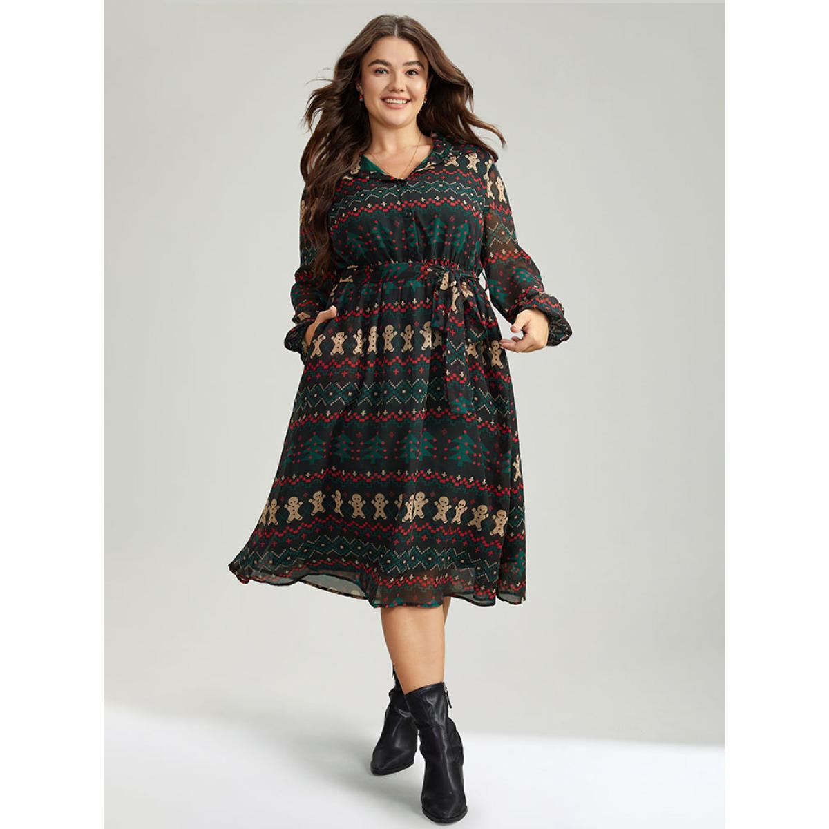 Plus Size Christmas Button Through Belted Mesh Patchwork Dress Cyan Women Office Elastic cuffs Shirt collar Long Sleeve Curvy Midi Dress BloomChic 10/M Product Image